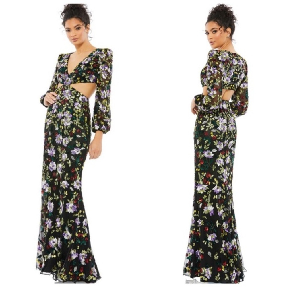 NWT$598 Mac Duggal 5566 Floral Sequined Cutout Long Sleeve Gown Size 2